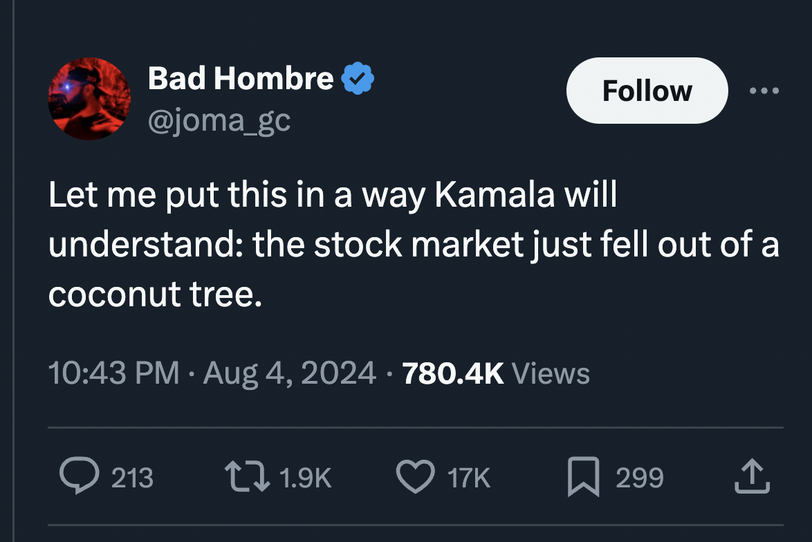 screenshot - Bad Hombre Let me put this in a way Kamala will understand the stock market just fell out of a coconut tree. . Views 213 17K 299